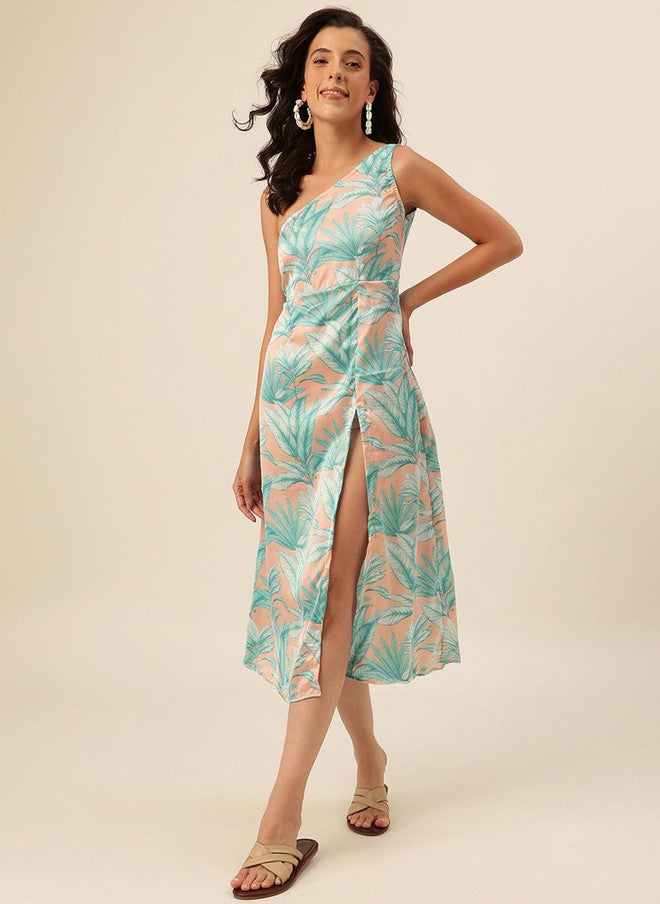 CUKOO Women Tropical Printed One Shoulder Slits Cotton Fit and Flare Dress - Image 1